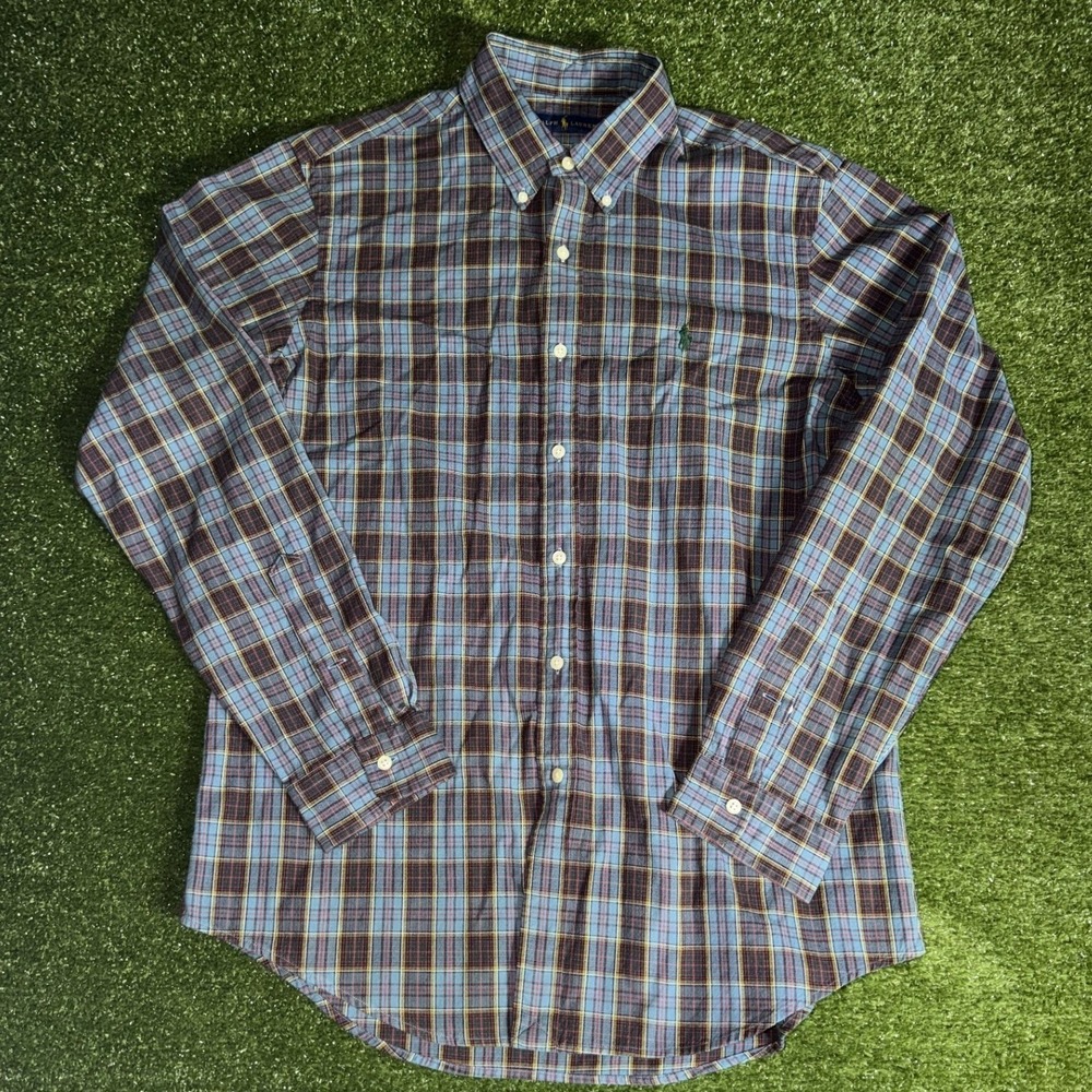 Ralph Lauren Mens Large Plaid Button Down Shirt Blue Brown Long Sleeve Pony Logo